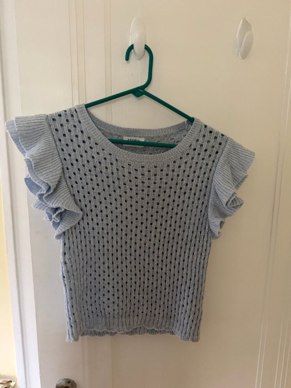 Storia Light Blue Knit Ruffle Sleeve Sweater Top Size Small